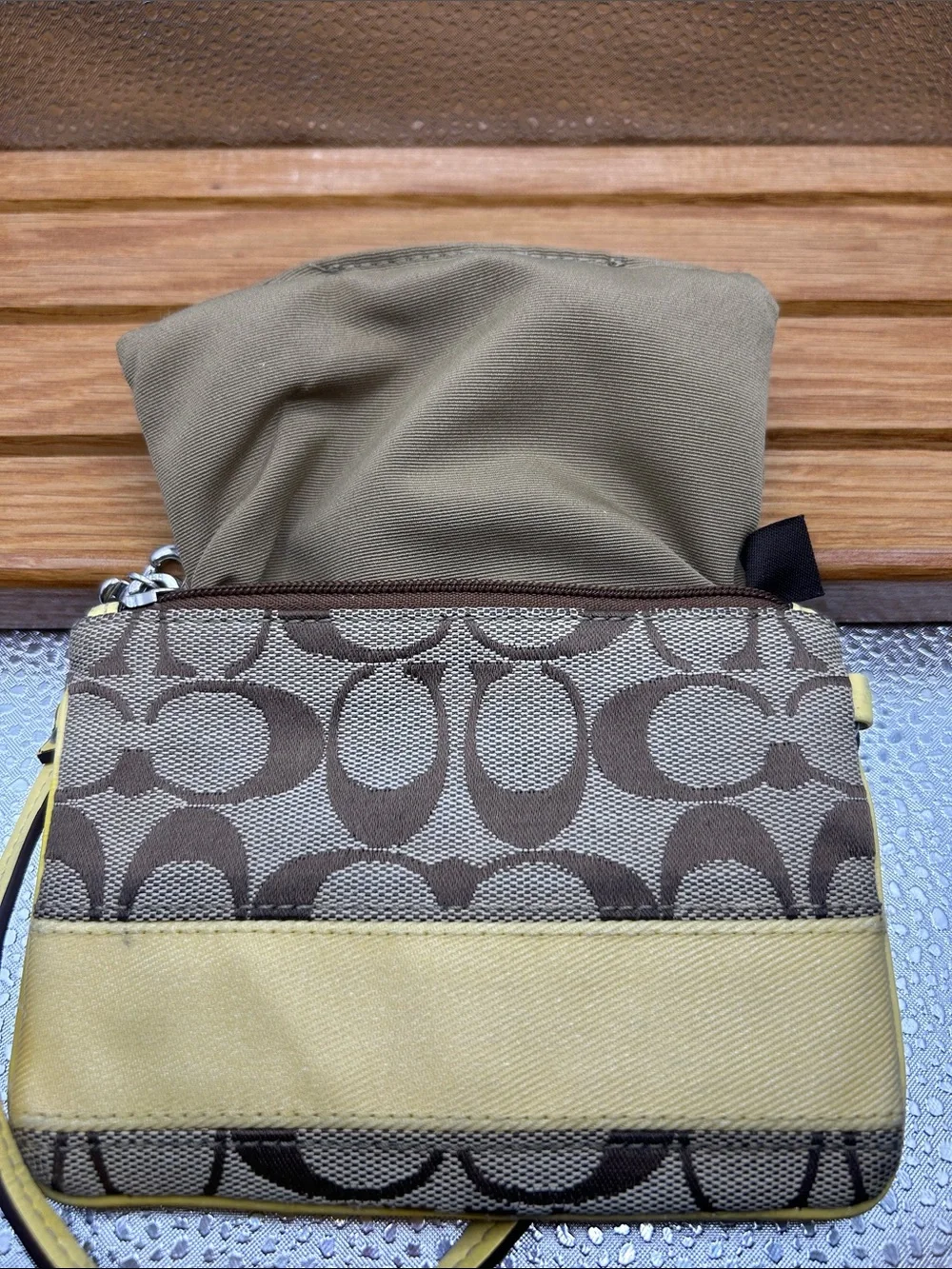 COACH 40028 Legacy Stripe Yellow Brown Monogram Zip Leather Wristlet Tag 6” X 4”